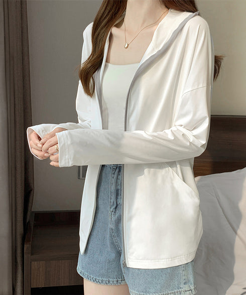 UV対策パーカー 冷感タッチカーディガン フード付き 指穴付きアウター 涼しい オーバーサイズ ジップアップトップス 紫外線対策羽織り 日焼け止めラッシュパーカー 83LIULIUB-001